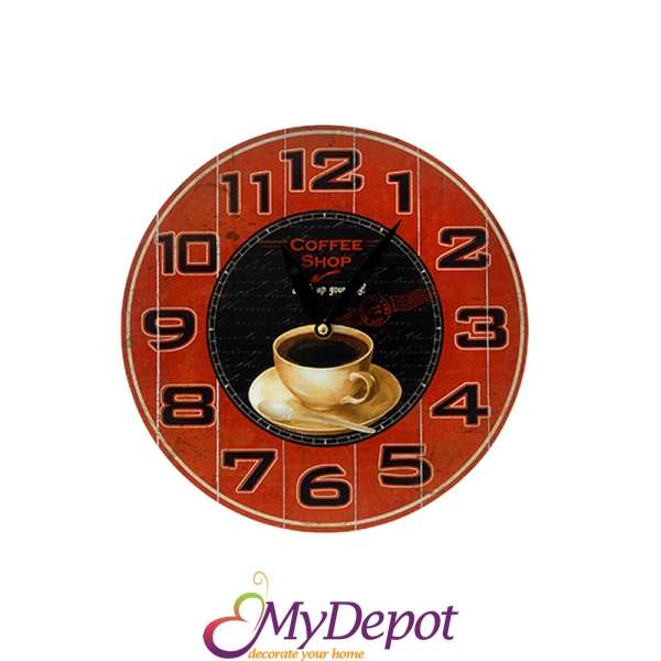 Часовник МДФ кафе червен кръг и черни цифри D29СМ
