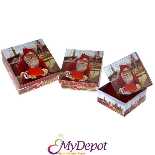 Картонени кутии Дядо Коледа и подарък червен фон, к-т от 3бр. 15Х15СМ