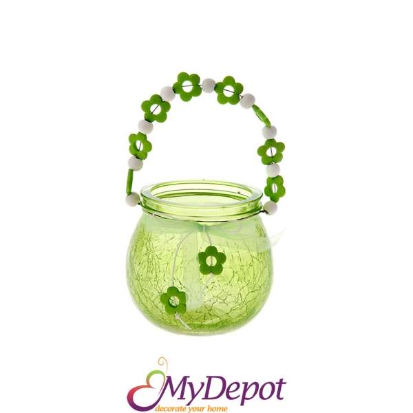 Стъклен свещник цветно стъкло, зелен, 10Х9СМ