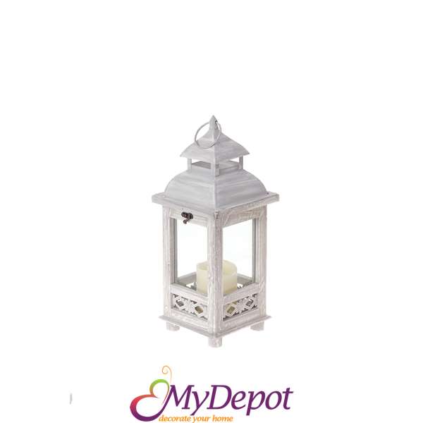 Дървен светилник със стъклени страни, бял, състарен