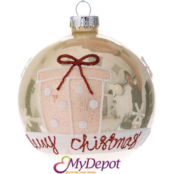 Стъклена топка с рисуван декор , брокатен подарък , праскова, к-т 4 бр, 8 см