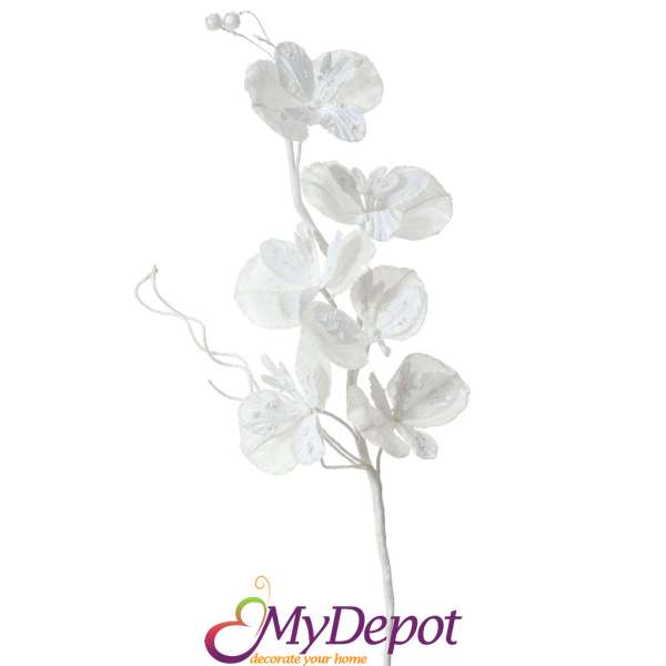 Стрък спрей орхидея, бяла с брокат, 16х77 см