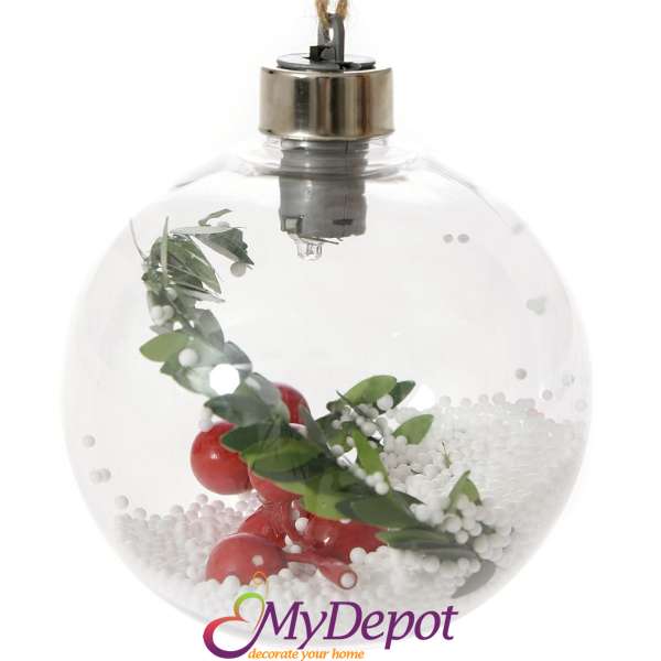 Топка светеща с вътрешна декорация, сняг и плодчета,  ф 8 см