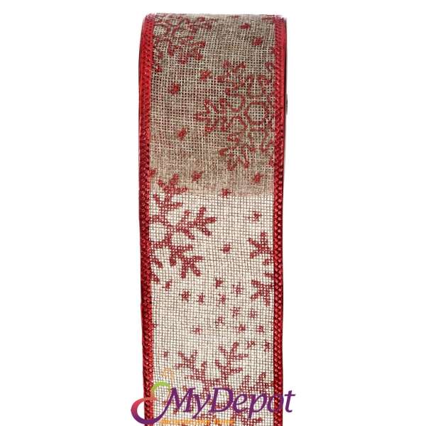 Коледна панделка зебло, снежинки, червена, 6,3см Х 10У