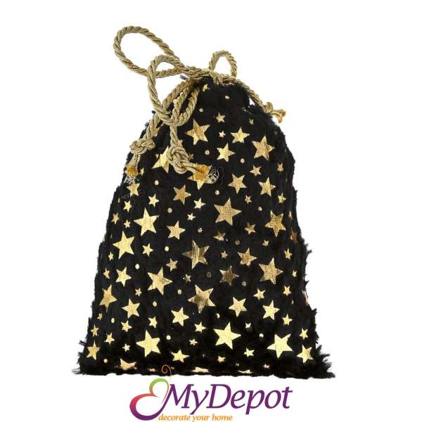 Торбичка от черен пух със златни звезди, 16х20 см