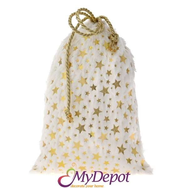Торбичка от бял пух със златни звезди, 20х30 см
