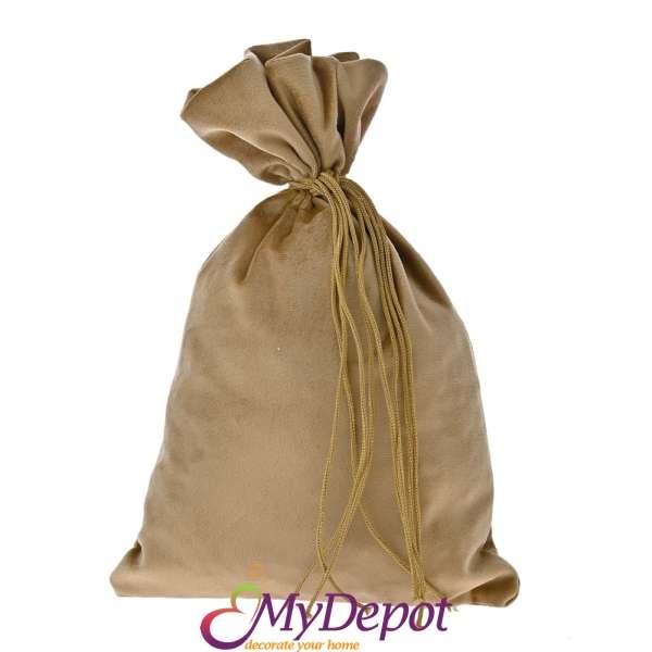 Велурена торбичка с връзки в златен цвят. Размер: 20х30 см