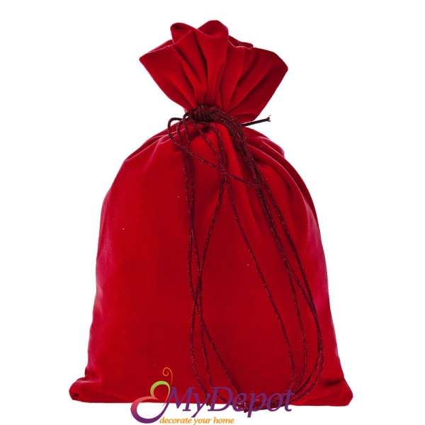 Велурена торбичка с връзки в червен цвят. Размер: 20х30 см