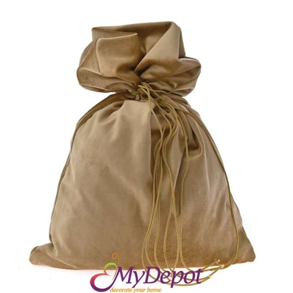 Велурена торбичка с връзки в златен цвят. Размер: 30х40 см