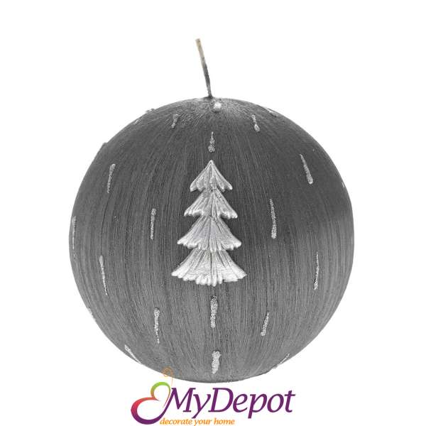 Коледна декорирана сива свещ топка, Ф 10 см