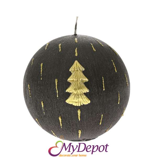 Коледна декорирана черна свещ топка, Ф 10 см