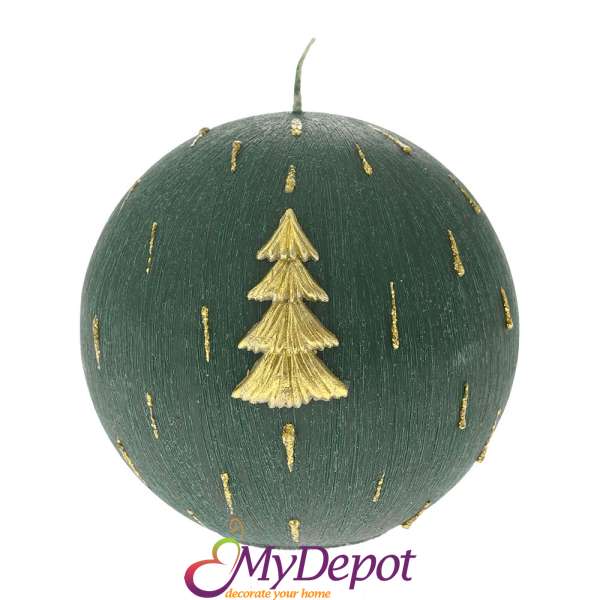 Коледна декорирана зелена свещ топка, Ф 10 см