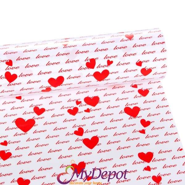 Опаковъчна хартия LOVE,  бяла с червени сърца. Широчина 60 см., дължина 50 метра