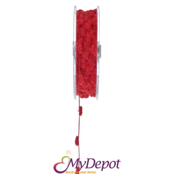 Панделка в червен цвят с памучни топчета. Размер: 4 мм Х 50 метра