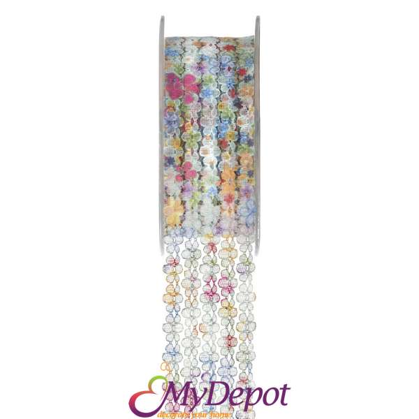 Панделка от дантела с разноцветни цветя. Размер: ширина 4,5 см. дължина 9,10 метра