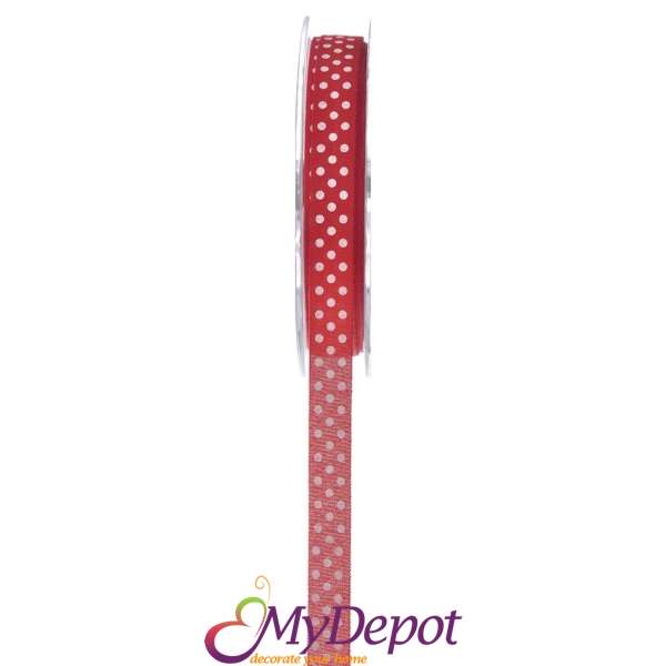 Панделка от памучен плат в червен цвят с точки. Размер: ширина 1,3 см. дължина 18,20 метра