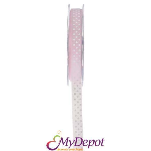 Панделка от памучен плат в розов цвят с точки. Размер: ширина 1,3 см. дължина 18,20 метра