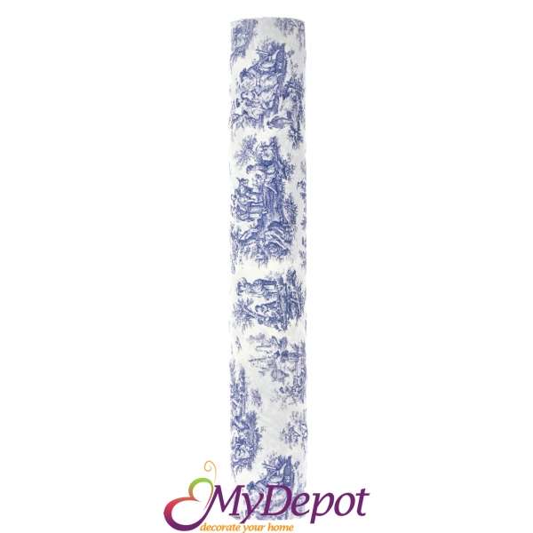 Ролка от памучен плат с щампа TOILE DE JOUY в син цвят. Размер: ширина 48 см, дължина 5 метра.
