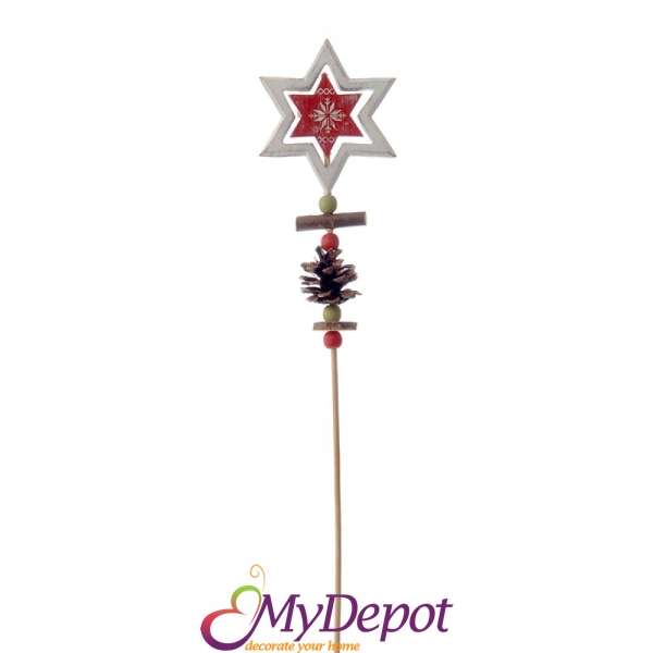 Декорация звезда на клечка бяло, червено дърво 9Х50CM