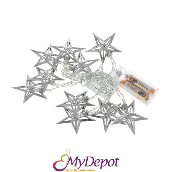 Коледни светещи звезди с батерии, метал, сребро, 10 LED, 6 см, 160 см