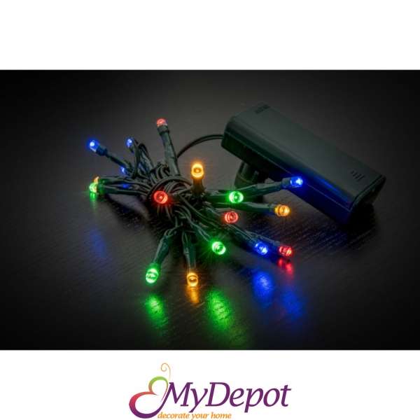 Лампички 20 LED, мултиколор, зелен кабел, батерии, 1 М