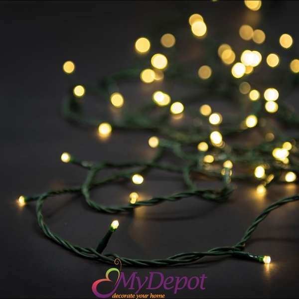 Коледни лампички, 100 LED, зелен кабел, топло-бели, с конектор, 6.8 М
