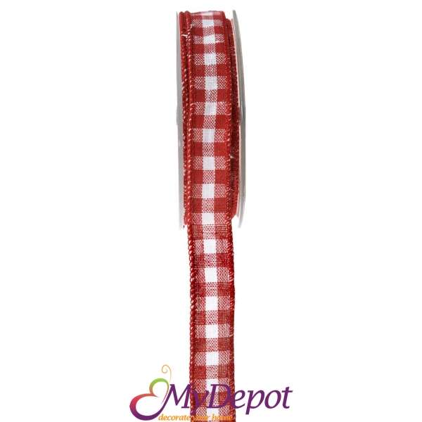 Коледна панделка плат, бяло и червено каре, 2,3 см Х 9,1 М