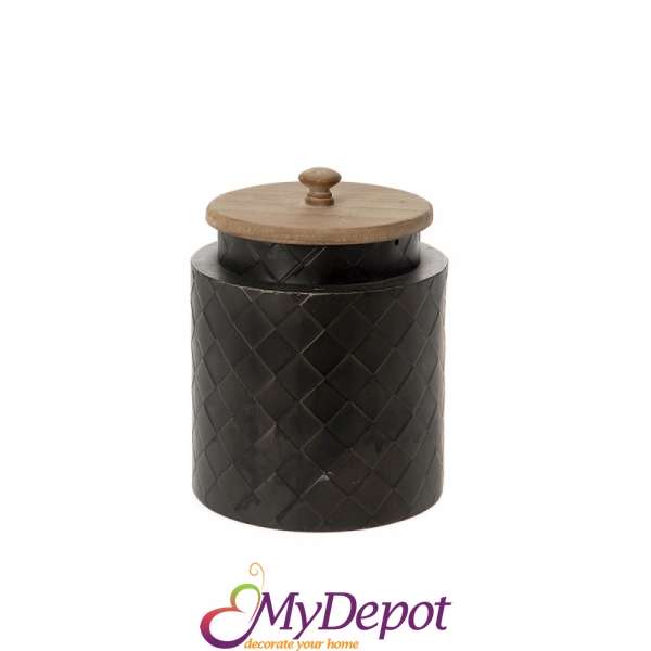 Метален буркан с дървен капак, черен, 16х21 см