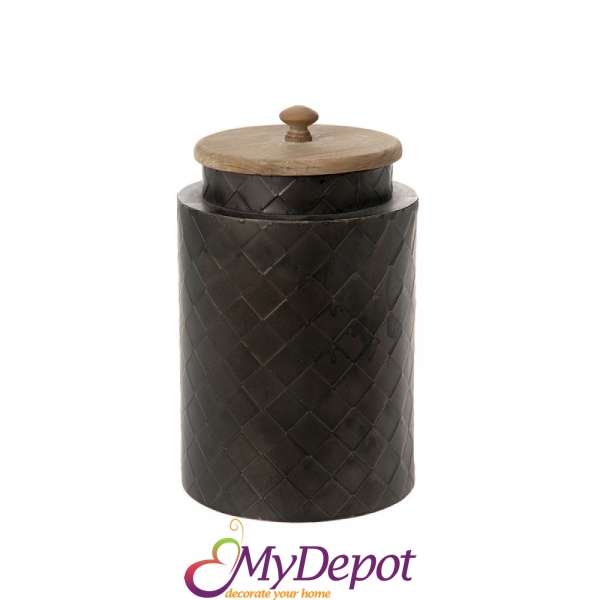 Метален буркан с дървен капак, черен, 16х26 см