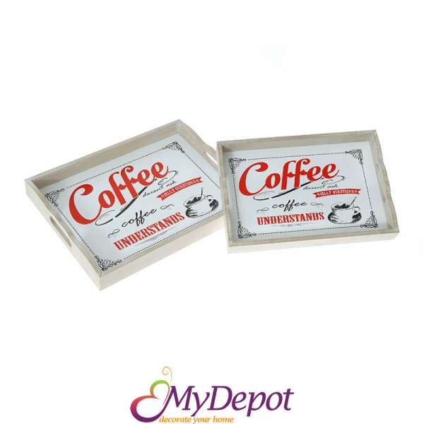 Дървен поднос " COFFEE", бял, к-т 2бр, 40х30/35х25 см