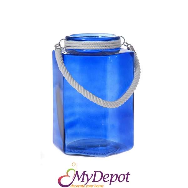 Стъклен фенер син с въже, 18х18х29 см