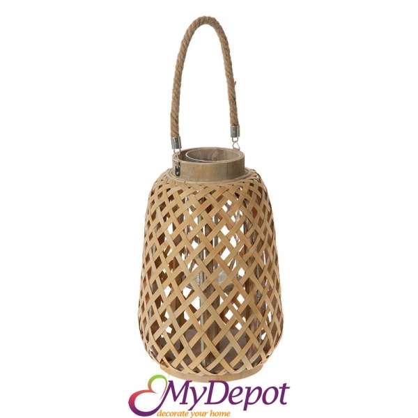 Бамбуков светилник с дръжка,плетка, натурал, 24х24х37 см