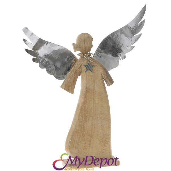 Коледна дървена фигурка ангел с метални криле, натурал, 60х8х80 см