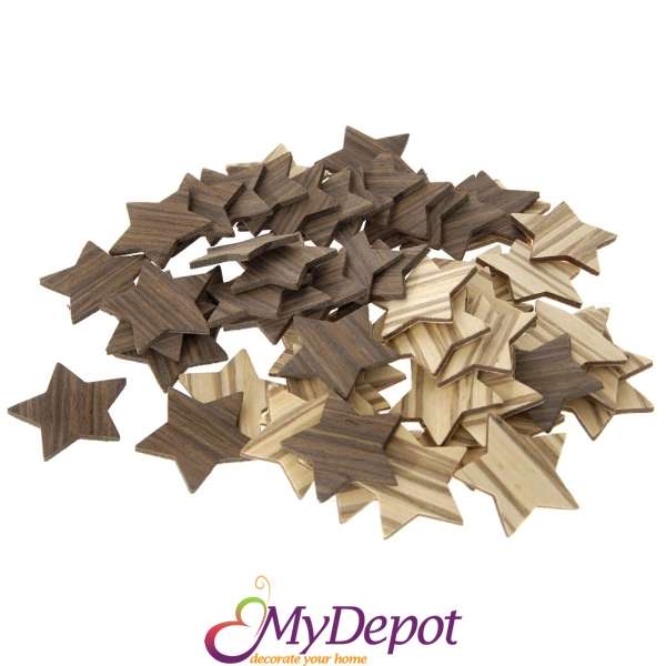 Дървени звезди за декорация, кафяви, 60 бр., 4 см