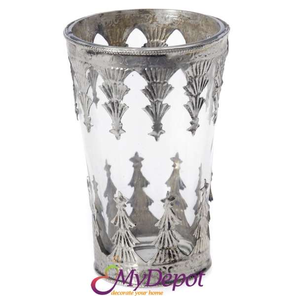 Стъклена ваза с метална декорация, Ф9х13 см