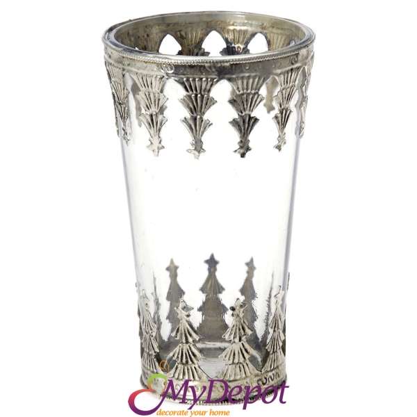 Стъклена ваза с метална декорация, Ф10х17 см