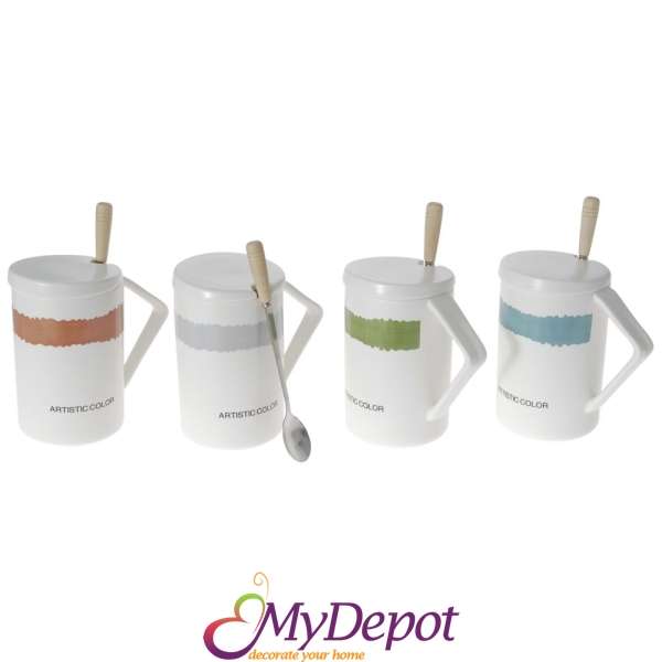 Керамична чаша с капаче и лъжичка, Artistic color, 4 модела