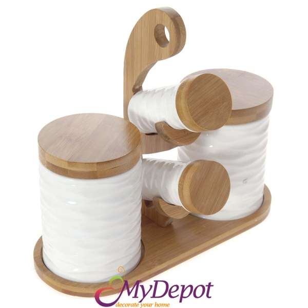 Комплект за подправки керамика/бамбук, 26х13х10 см