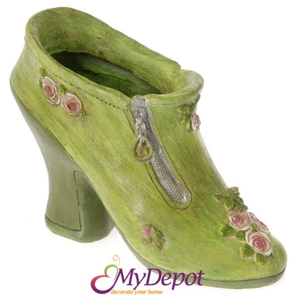 Керамична кашпа обувка, зелена, 21х10х16 см