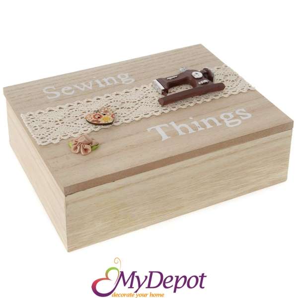 Дървена кутия за шивашки материали, бродерия, 20х15х8 см