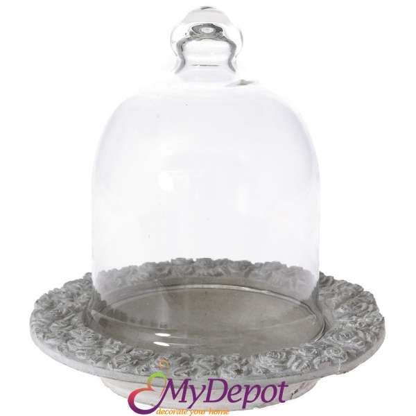 Керамичен поднос със стъклен капак, сив, ф27х28 см