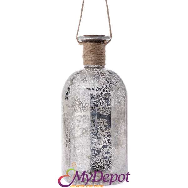 Стъклена бутилка със светлина, сребърен напукан ефект, ф8х17 см