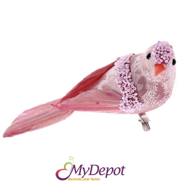 Птичка с щипка, розова с перли, 16х6 см