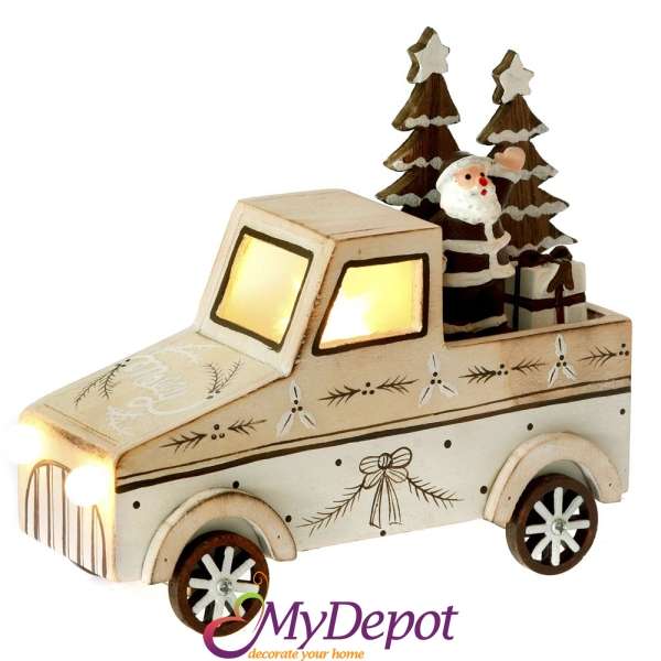 Дървена светеща кола, бяла, 15х6х13 см