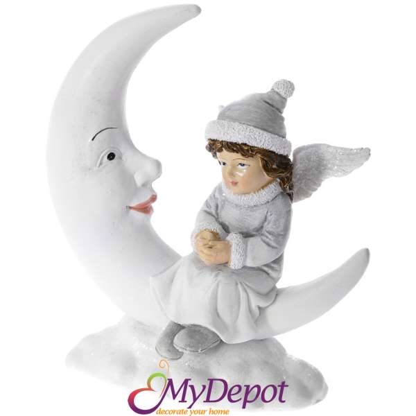 Керамична фигурка, ангел с луна върху облак, бяло, 13х7х15 см