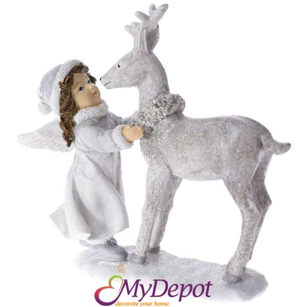 Керамична фигурка, ангел с елен, бяло, 17х6х15 см