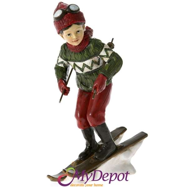 Керамична фигурка, дете със ски, червено - зелено, 12х8х20 см