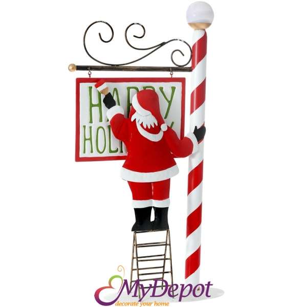 Метален знак HAPPY HOLIDAY с Дядо Коледа, бяло и червено, 33х16х39 см