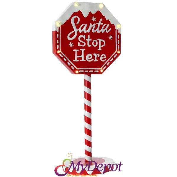 Метален знак  Santa STOP here с LED  светлина, бяло и червено, 39х30х92 см