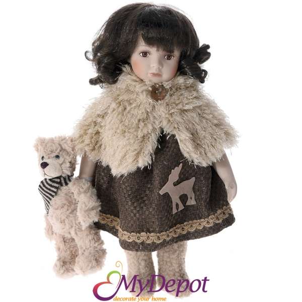 Порцеланова кукла с кафяви одежди, 36 см